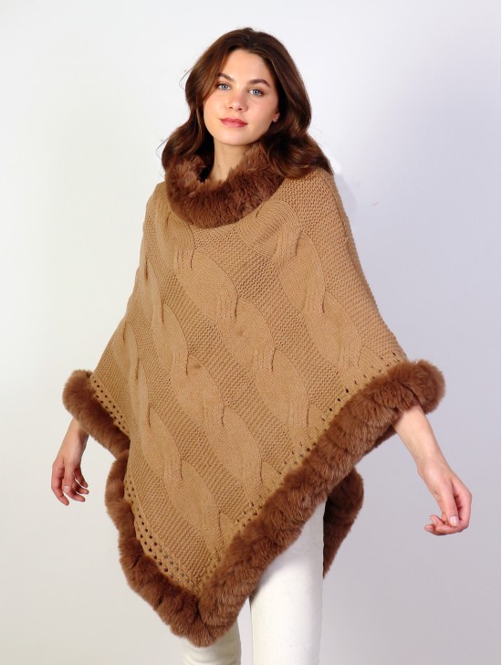 Solid Color Knitted Poncho W/ Fur Collar & Trim